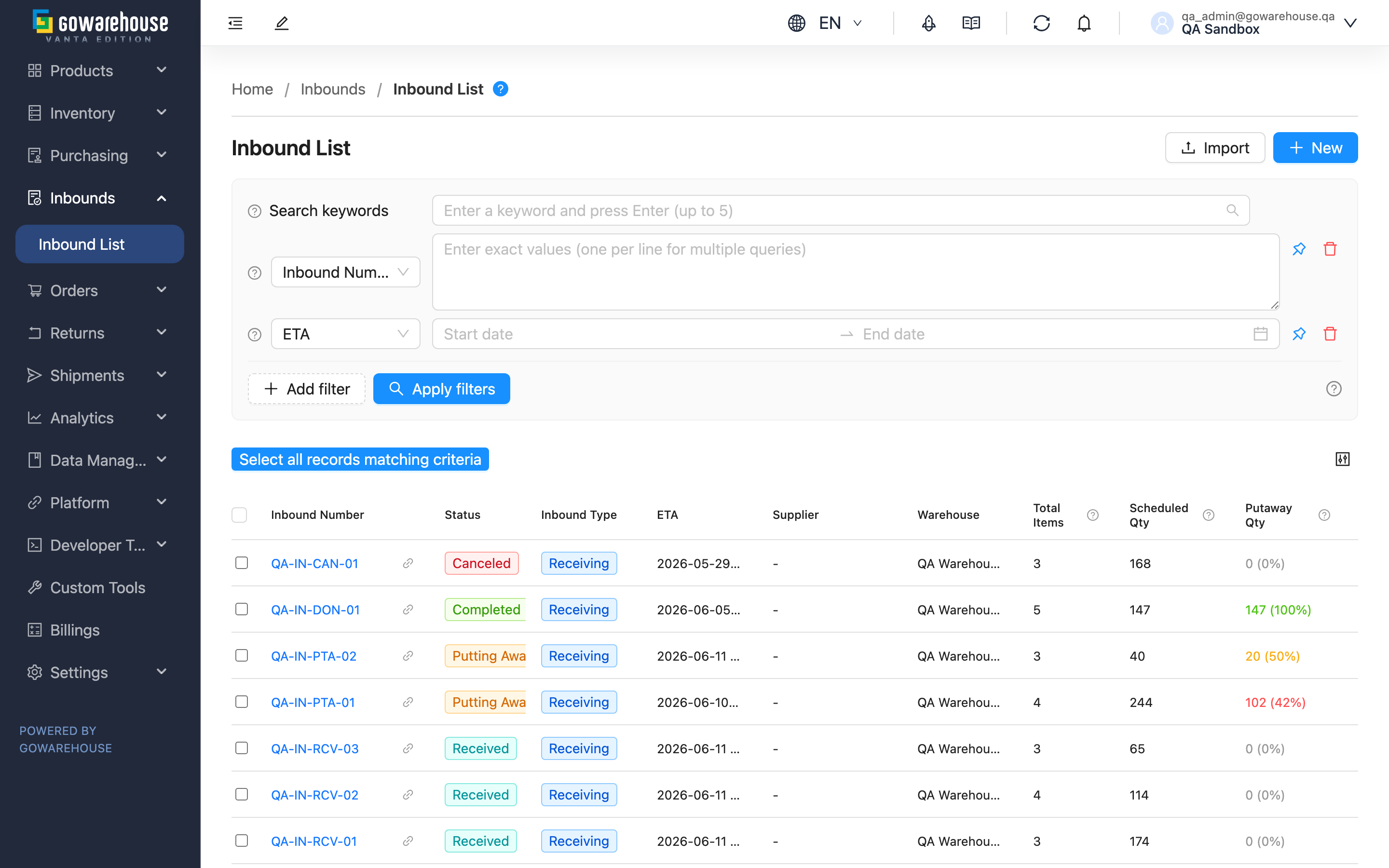 Inbound List - Page Overview