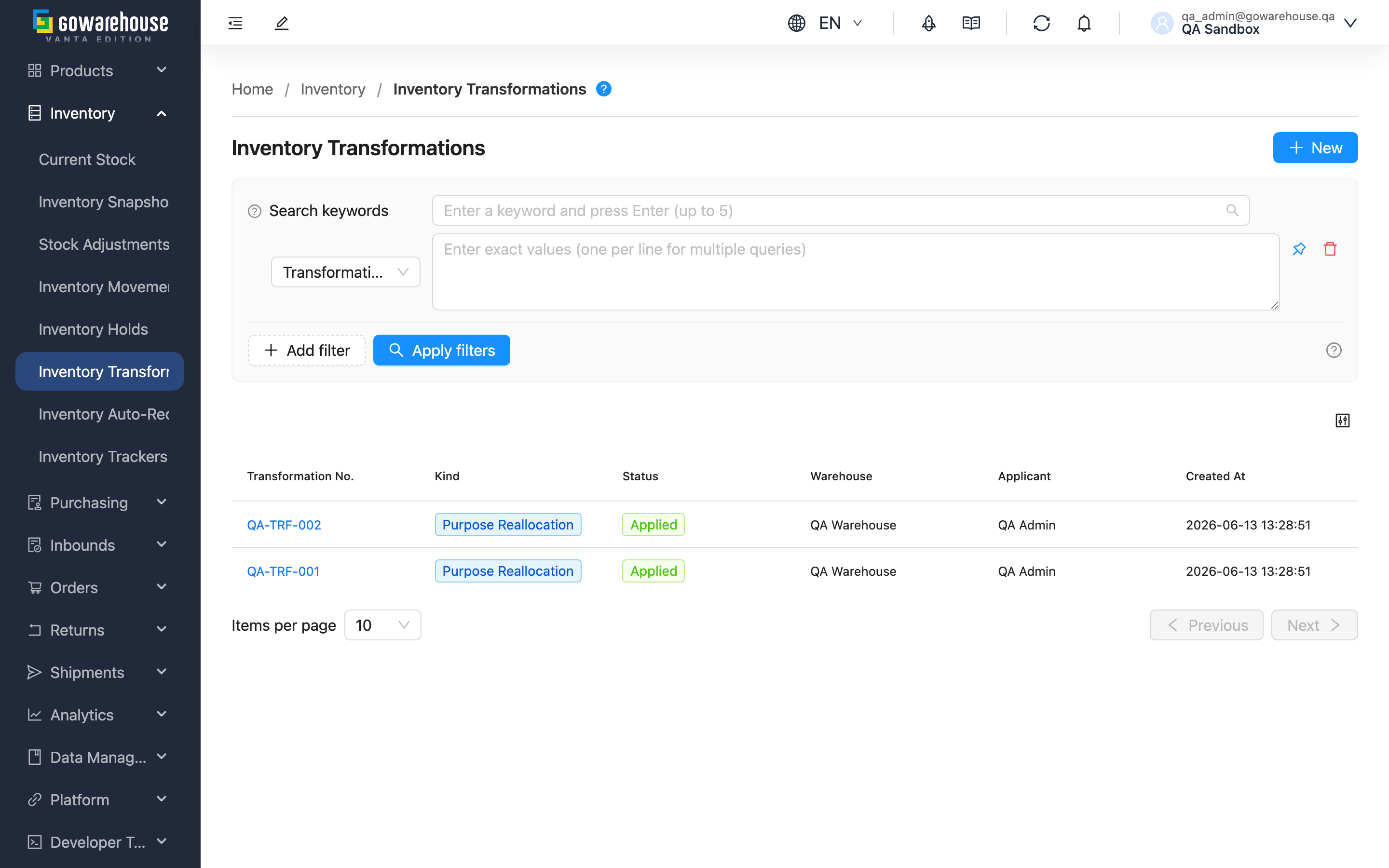 Inventory Transformations - Page overview