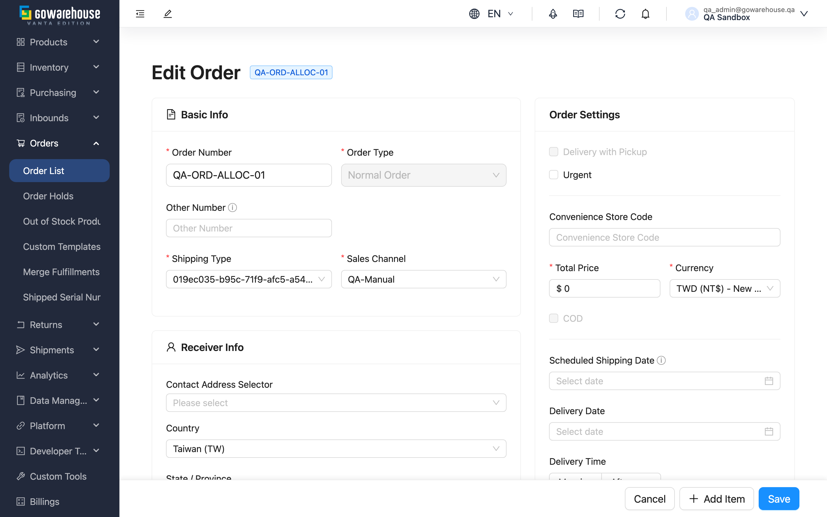 Edit Order - Page overview