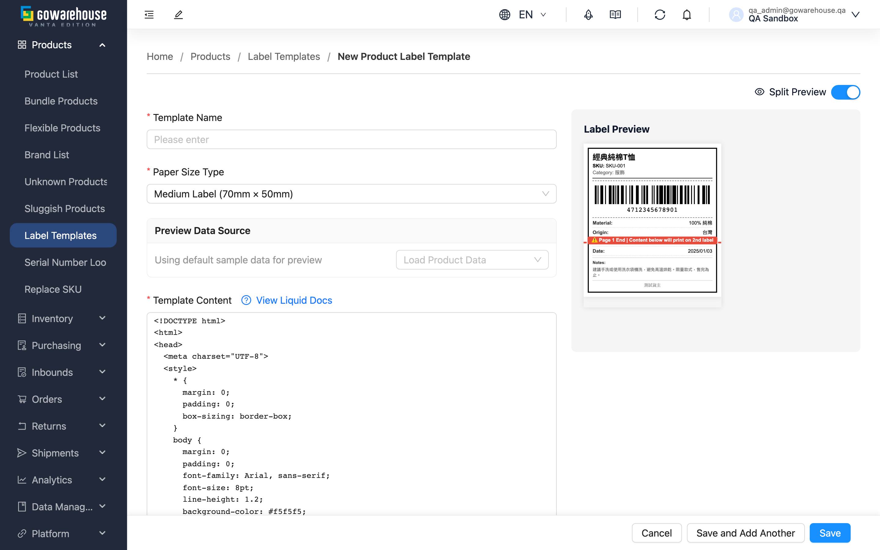 Add Label Template - Page overview