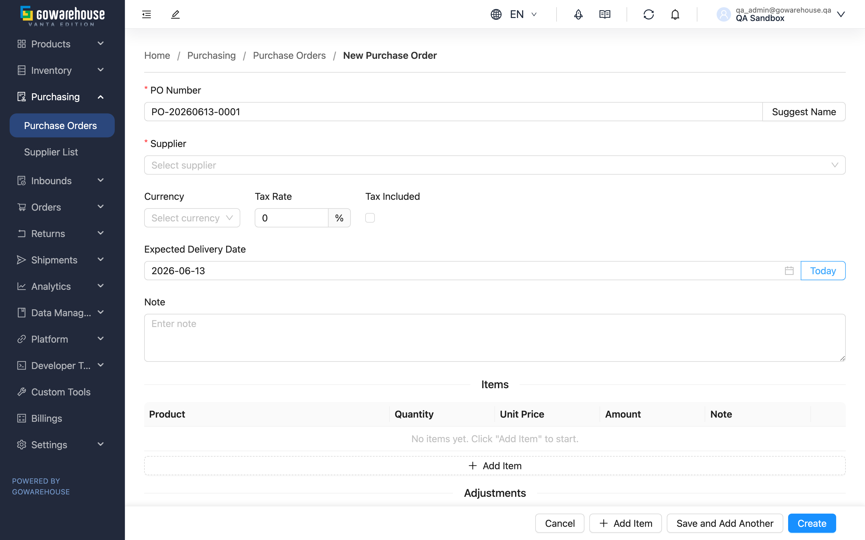 New Purchase Order - Page overview