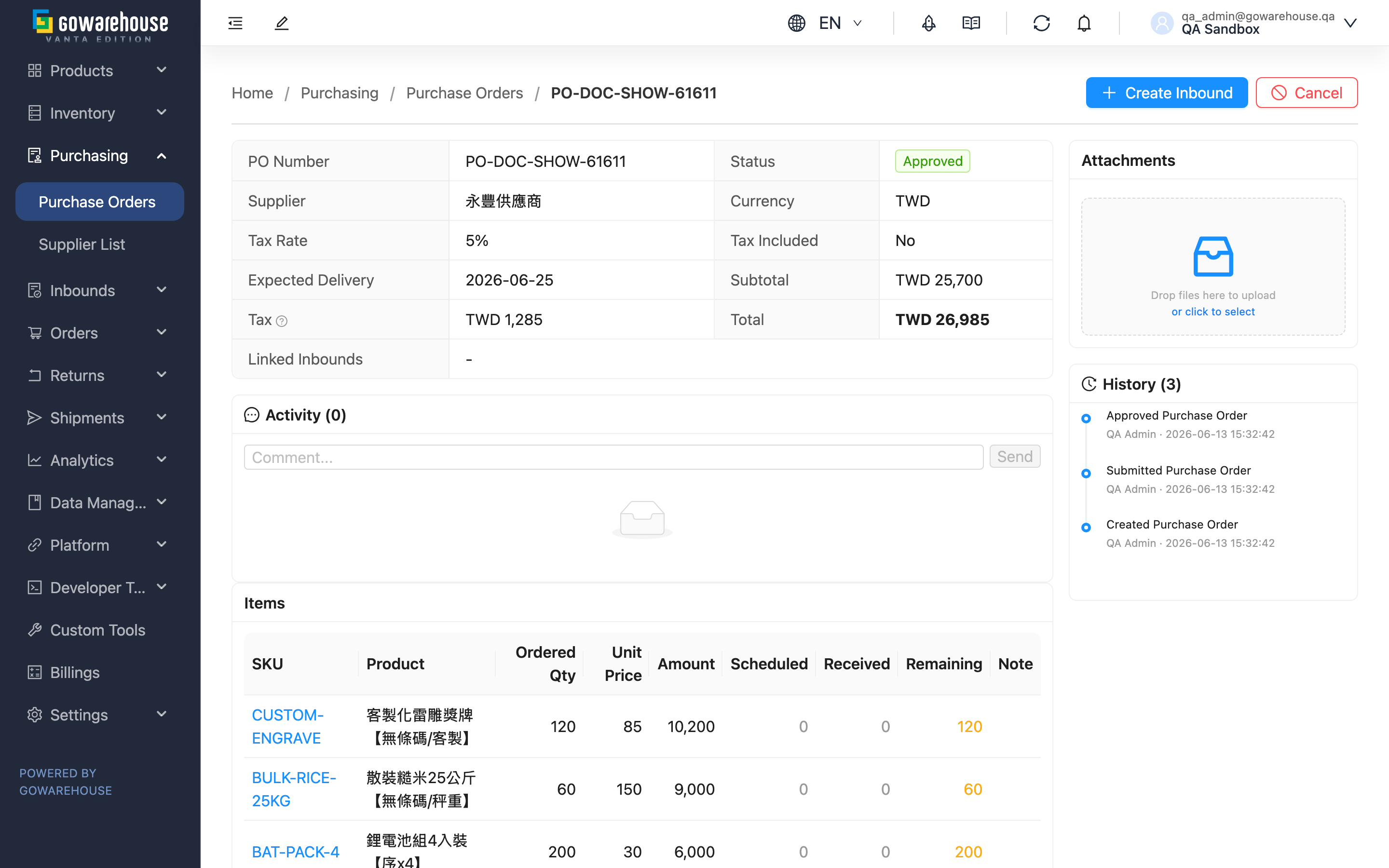 Purchase Order Detail - Page overview
