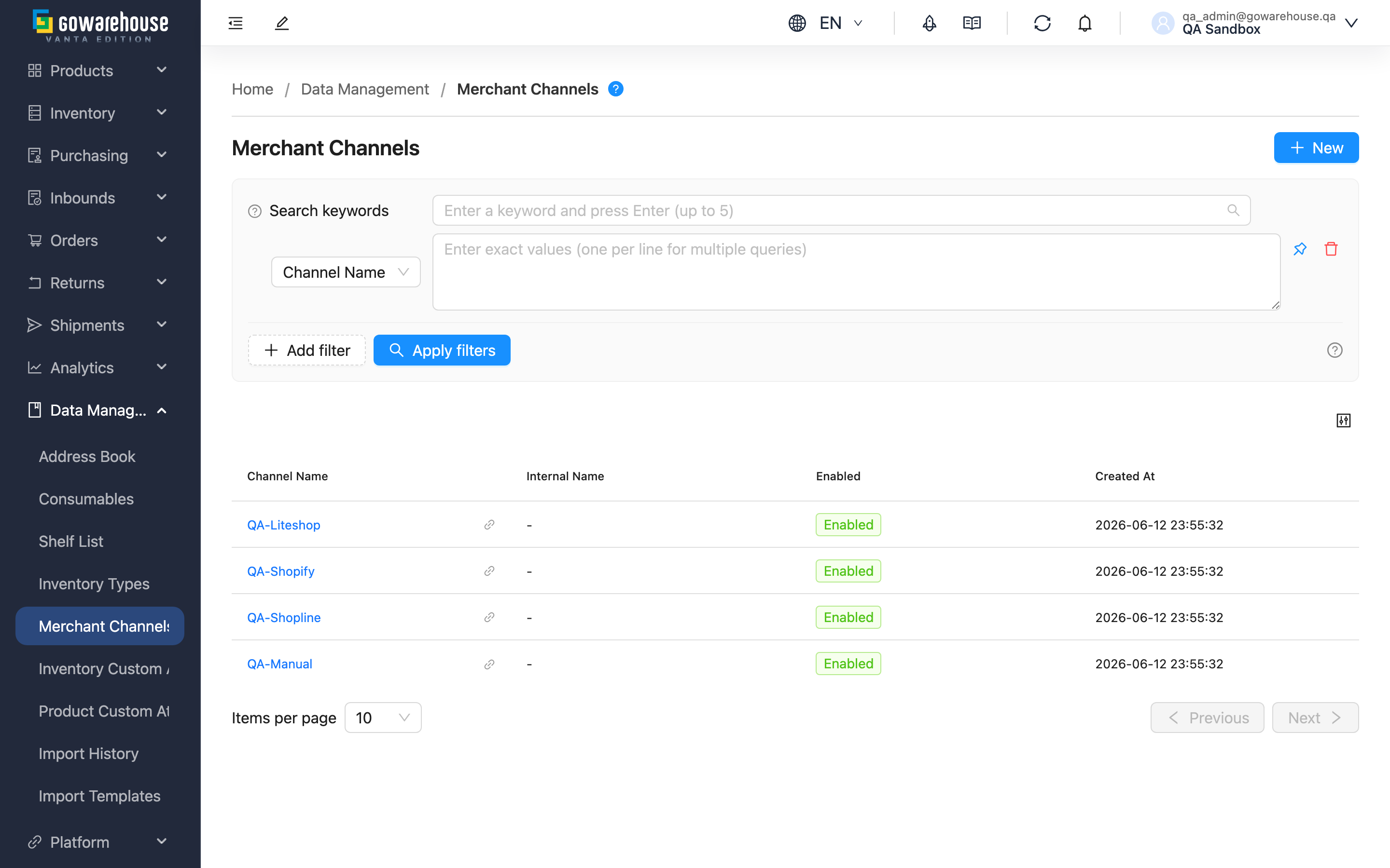 Sales Channels List - Page Overview