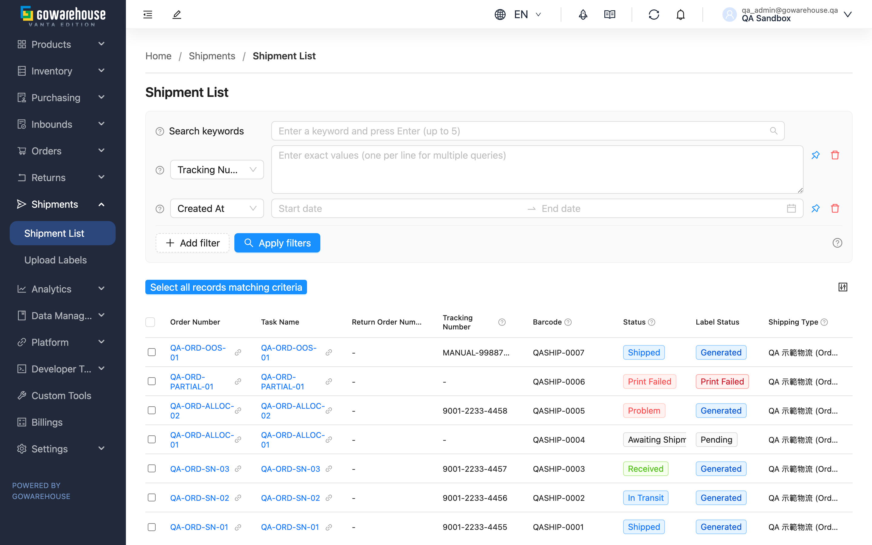 Shipment List - Overview