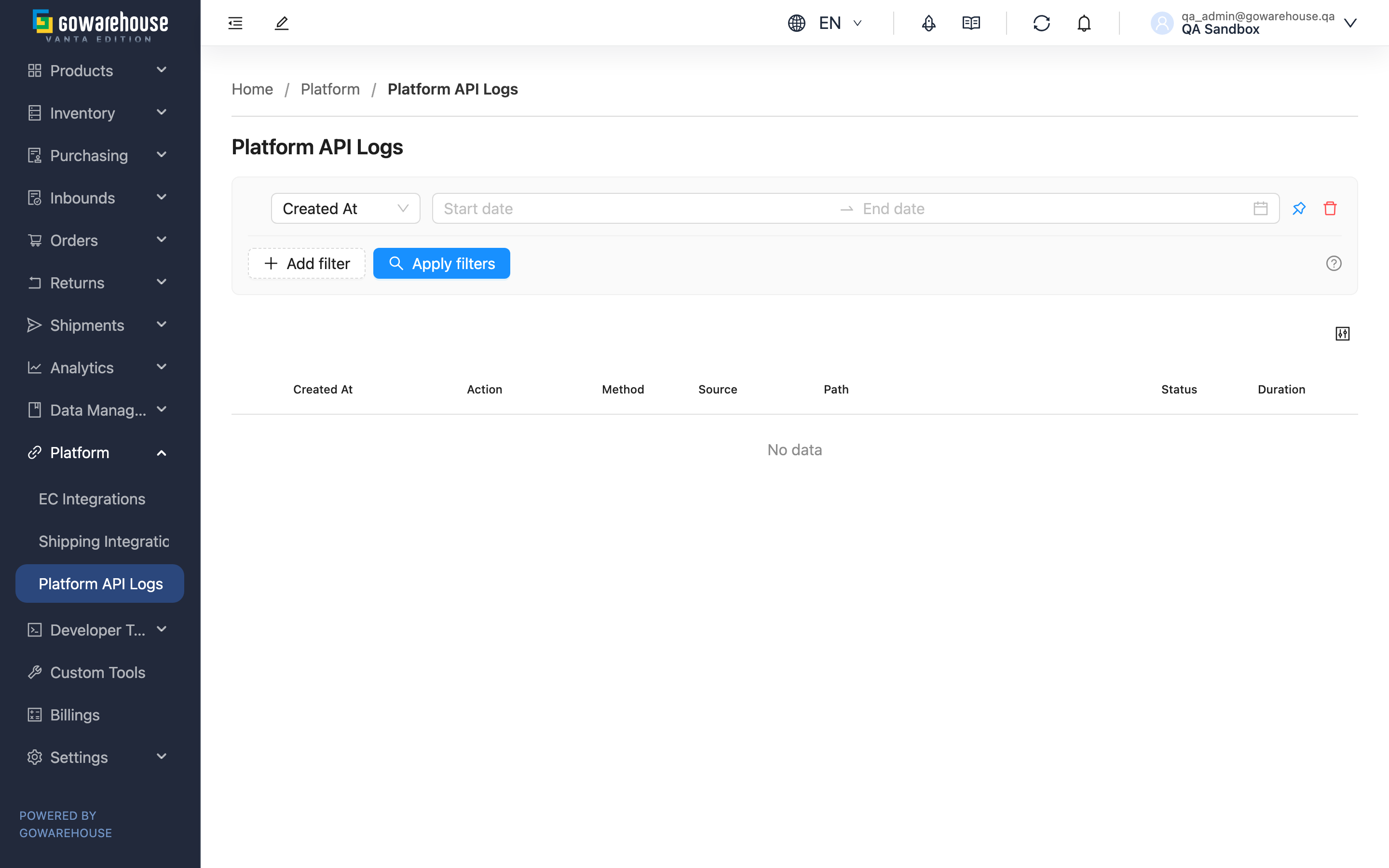 Platform API Logs - Page Overview