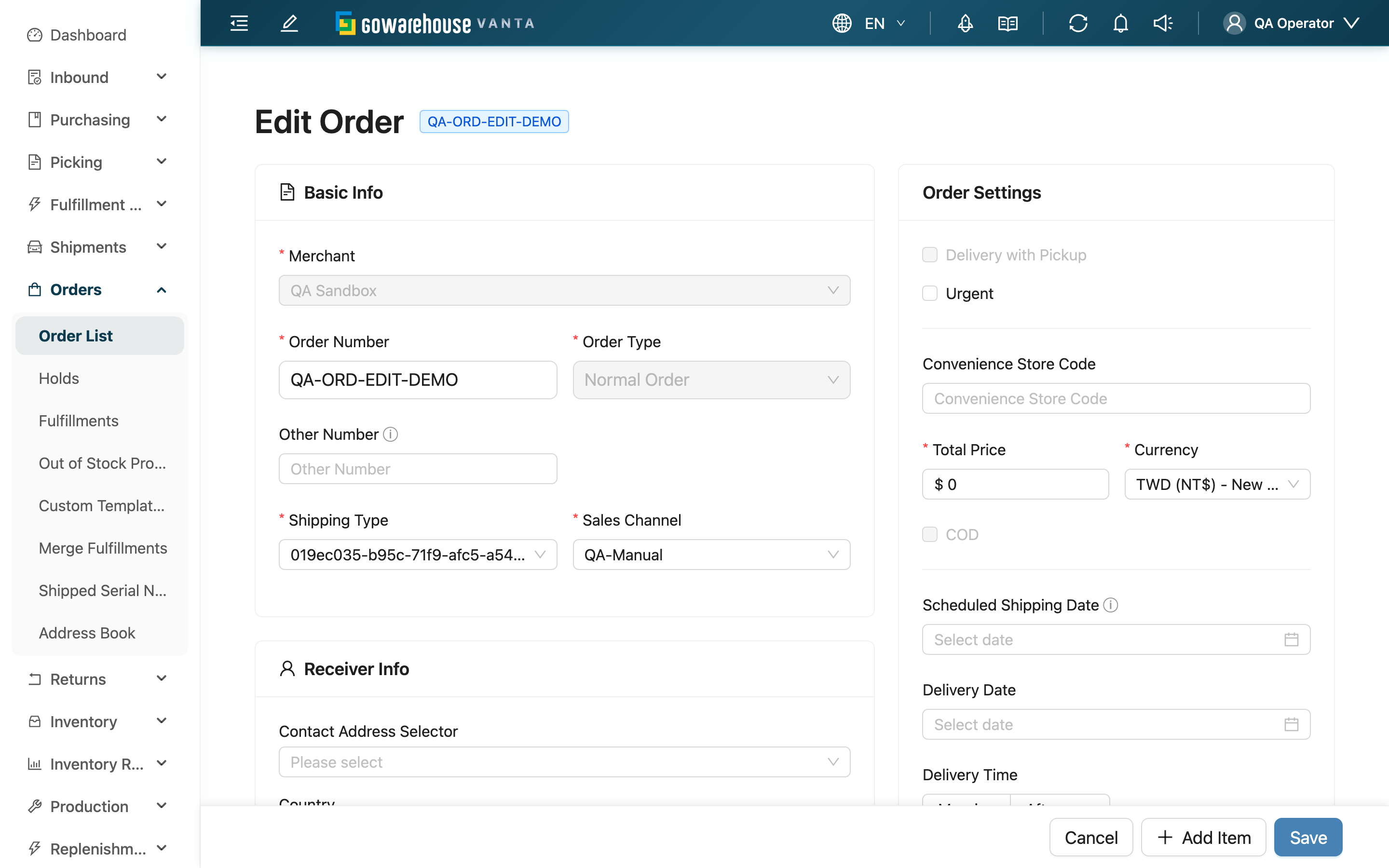 Edit Order - Page Overview