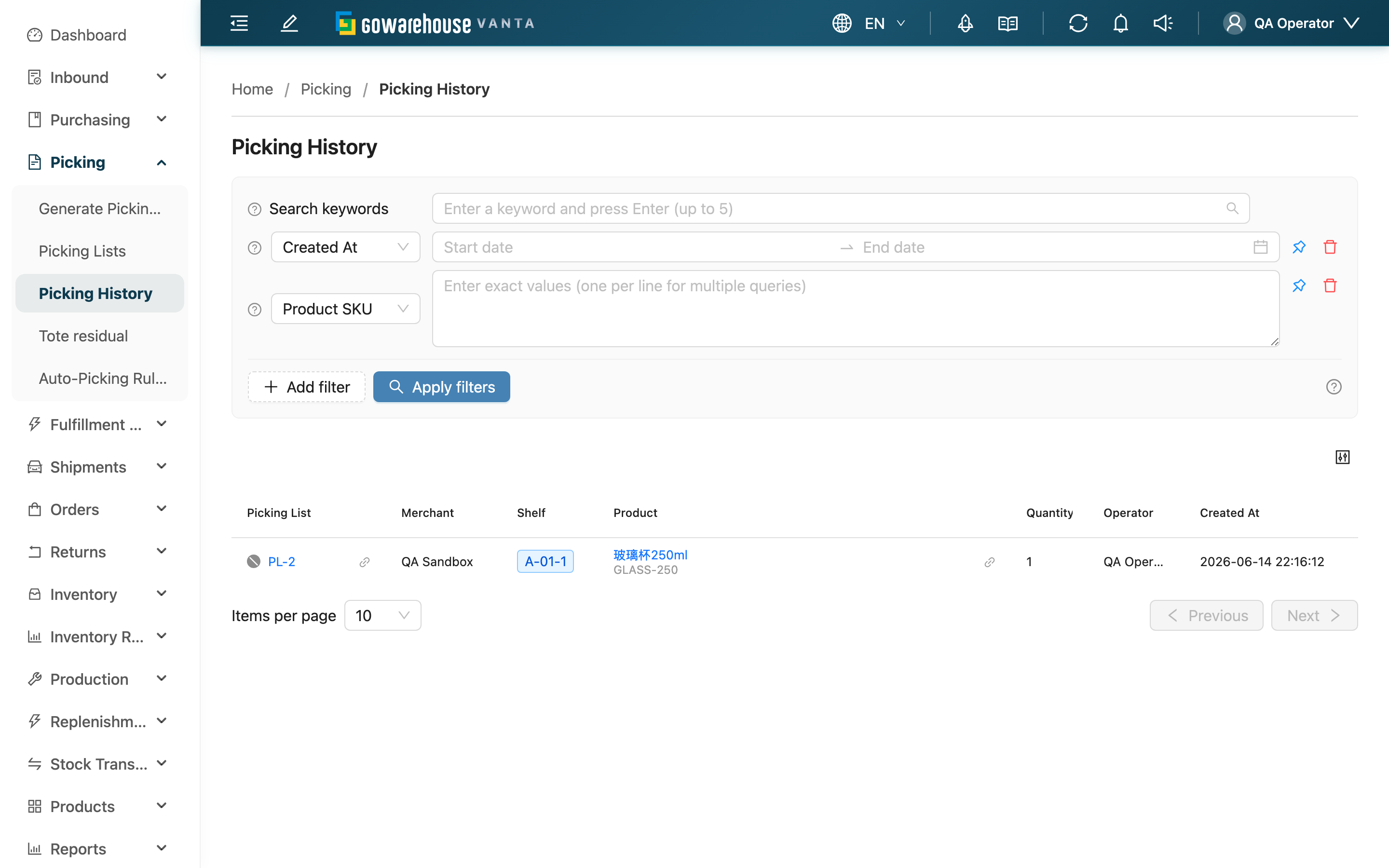 Picking History - Page Overview