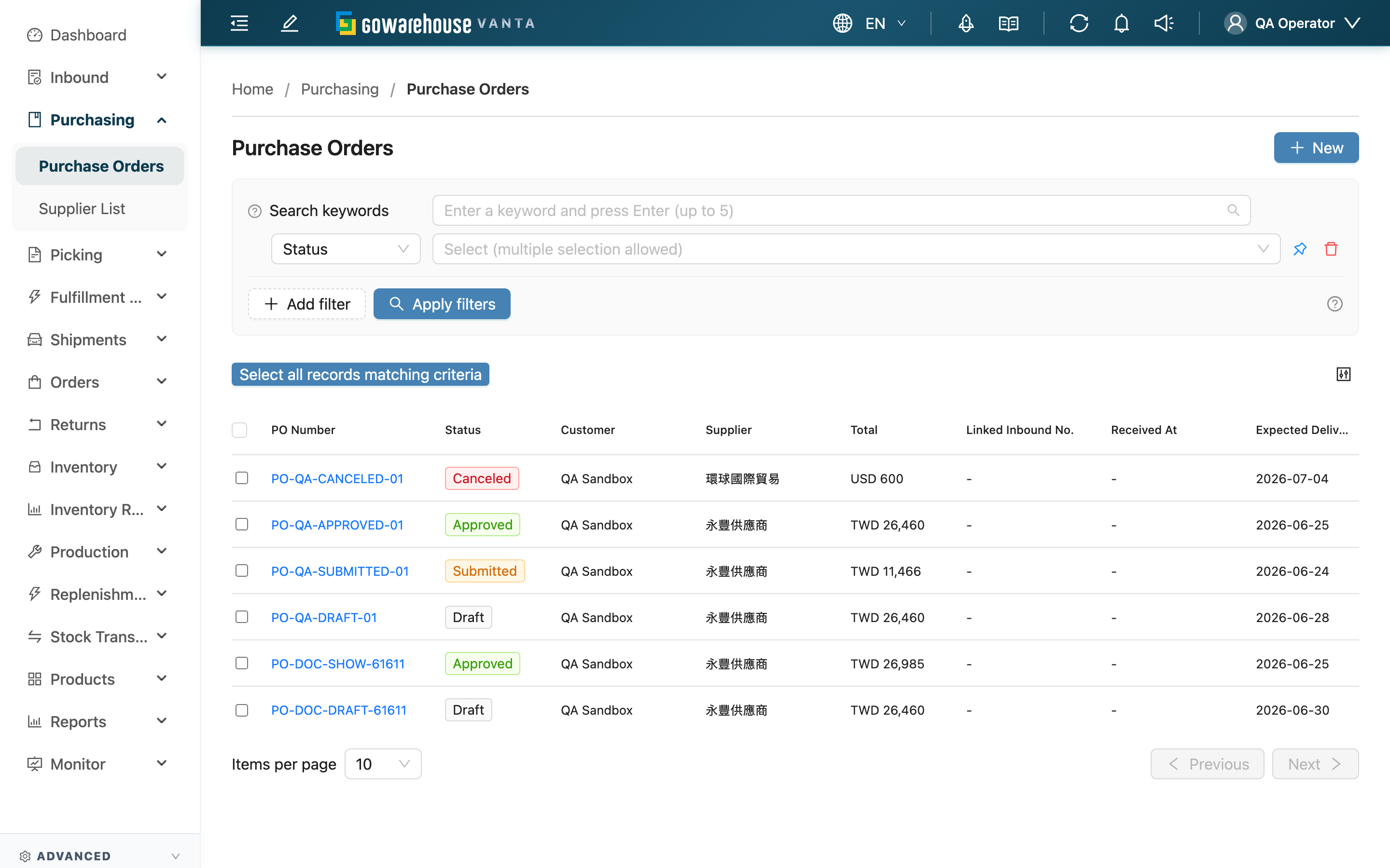 Purchase Order List - Page overview