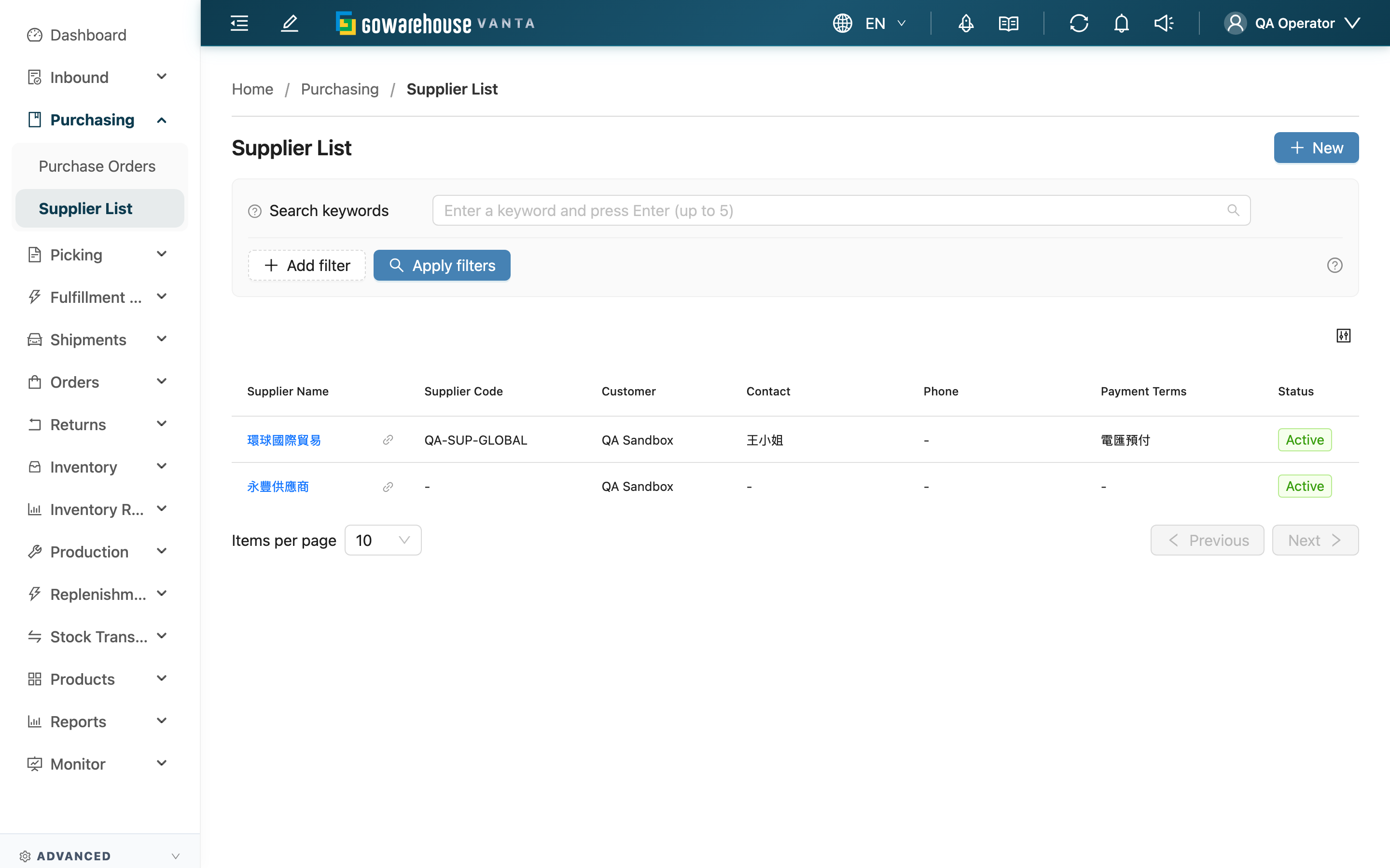 Supplier List - Page overview