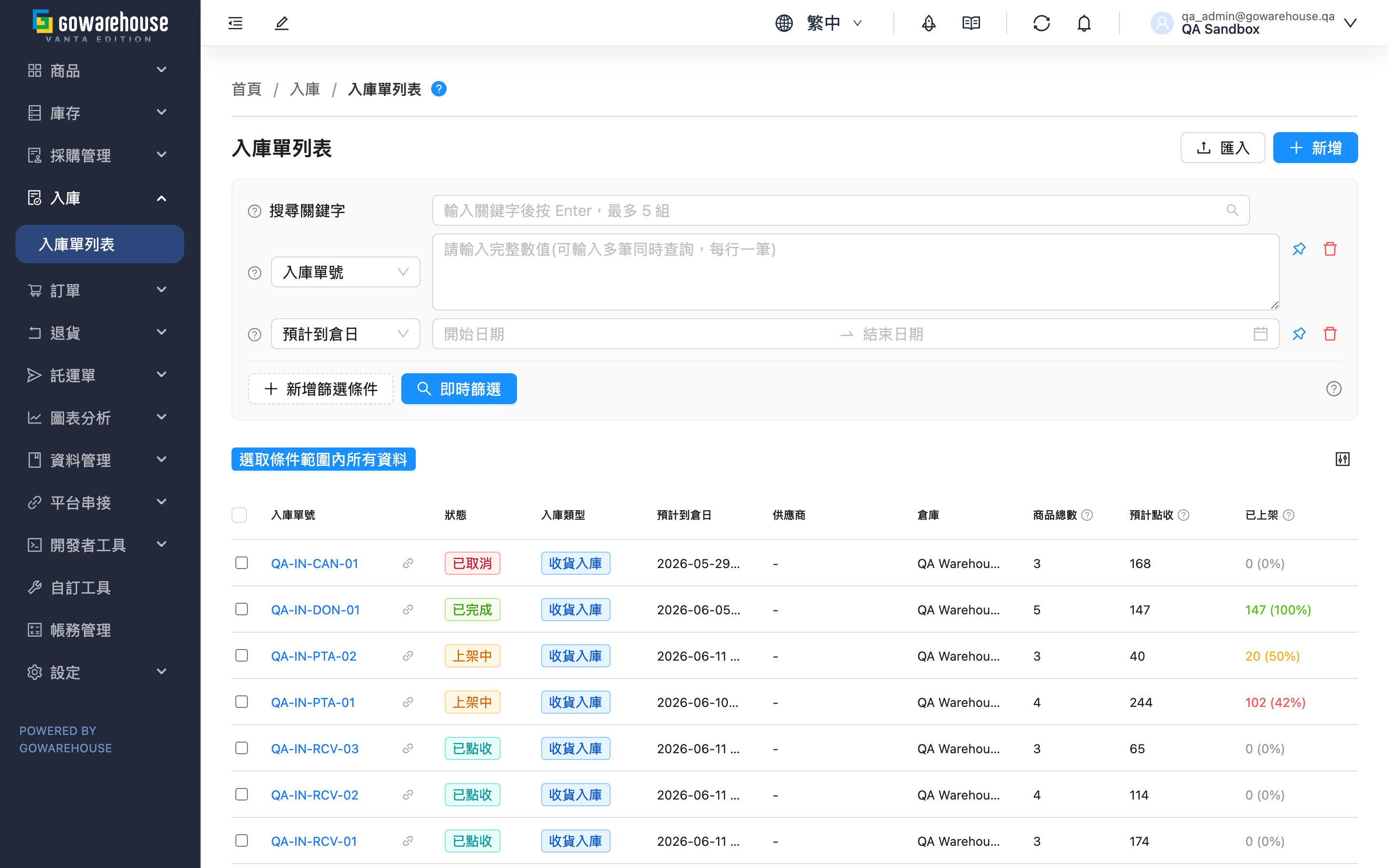 入庫單列表 - 頁面總覽