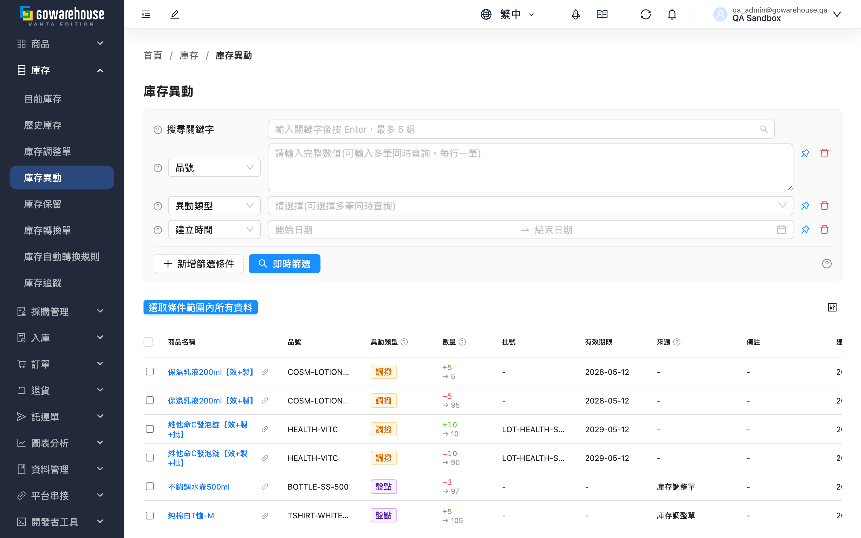 庫存異動 - 頁面總覽