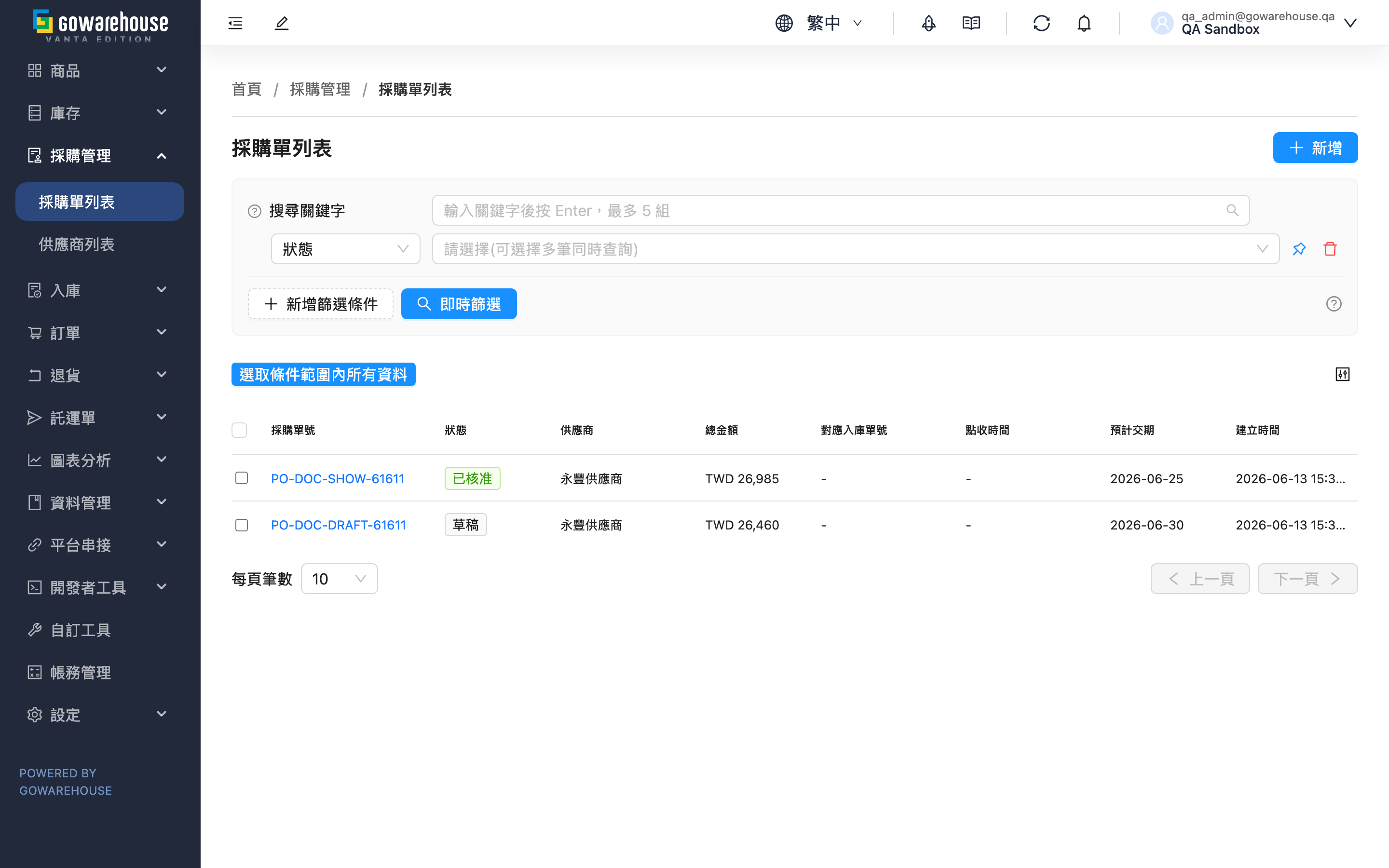 採購單列表 - 頁面總覽